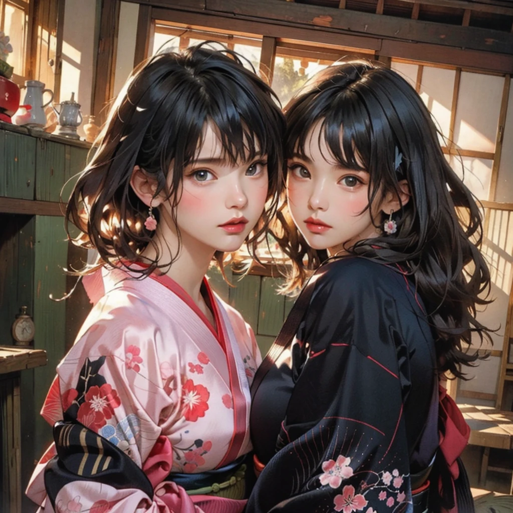 (highest quality、8k、32k、masterpiece)、(masterpiece, up to date,Exceptional:1.2), Anime, One girl,Front hair,black_hair, Beautiful 8k eyes,Looking_in_Audience,One person in,Are standing,((Very beautiful woman, Fuller lips, Japanese pintern kimono))、((Colorful Japanese kimono)))、(((Medium Shot)))、Blunt bung、(High resolution)、Very beautiful face and eyes、1 girl 、Round and small face、Narrow waist、delicine body、(highest quality high detail Rich skin details)、(highest quality、8k、Oil paints:1.2)、Very detailed、(Realistic、Realistic:1.37)、Bright colors、(((blackhair)))、(((longhair)))、(((cowboy pictures)))、((( Inside an old Japanese house)))、(masterpiece, highest quality, highest quality, Official Art, beautifully、aesthetic:1.2), (One girl), Very detailedな,(Fractal Art:1.3),colorful,Most detailed,Sengoku period(High resolution)、Very beautiful face and eyes、1 girl 、Round and small face、Tight waist、Delicine body、(highest quality high detail Rich skin details)、(highest quality、8k、Oil paints:1.2)、(Realistic、Realistic:1.37)、Greg Rutkowski Written by Alphonse Mucha Ropp, sun lips