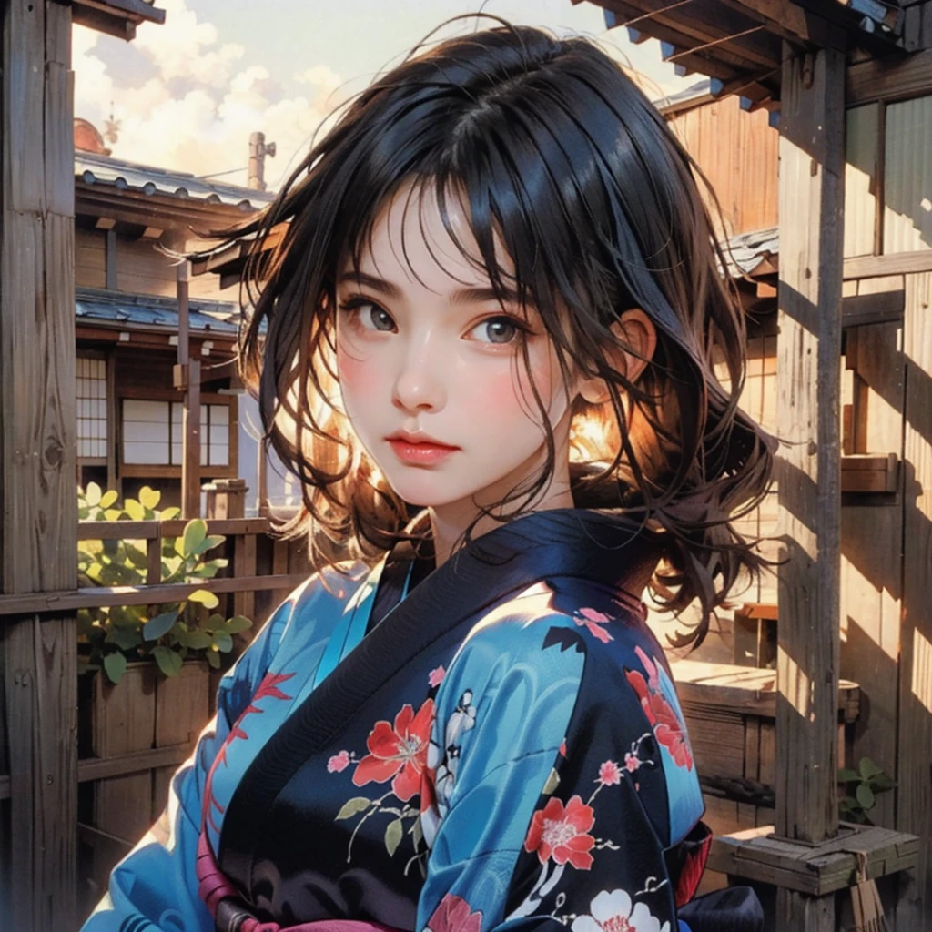 (highest quality、8k、32k、masterpiece)、(masterpiece, up to date,Exceptional:1.2), Anime, One girl,Front hair,black_hair, Beautiful 8k eyes,Looking_in_Audience,One person in,Are standing,((Very beautiful woman, Fuller lips, Japanese pintern kimono))、((Colorful Japanese kimono)))、(((Medium Shot)))、Blunt bung、(High resolution)、Very beautiful face and eyes、1 girl 、Round and small face、Narrow waist、delicine body、(highest quality high detail Rich skin details)、(highest quality、8k、Oil paints:1.2)、Very detailed、(Realistic、Realistic:1.37)、Bright colors、(((blackhair)))、(((longhair)))、(((cowboy pictures)))、((( Inside an old Japanese house)))、(masterpiece, highest quality, highest quality, Official Art, beautifully、aesthetic:1.2), (One girl), Very detailedな,(Fractal Art:1.3),colorful,Most detailed,Sengoku period(High resolution)、Very beautiful face and eyes、1 girl 、Round and small face、Tight waist、Delicine body、(highest quality high detail Rich skin details)、(highest quality、8k、Oil paints:1.2)、(Realistic、Realistic:1.37)、Greg Rutkowski Written by Alphonse Mucha Ropp, sun lips