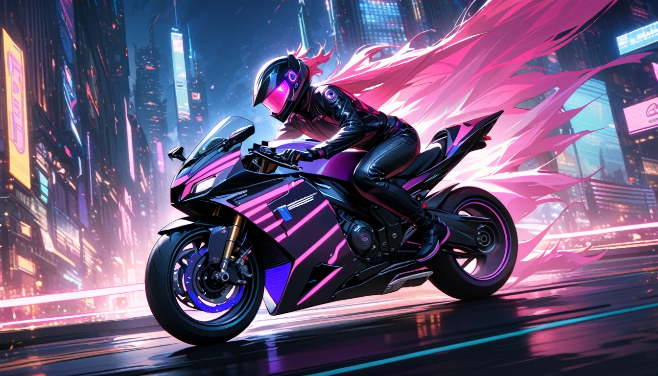 ((masterpiece)), ((Best Quality)), (Very detailed), ((Very detailed)), 4k, (8k), very aesthetic, Absurdres Highres, 1 chico, motorcycle, riding, speed lines, Motion blur, dynamic pose, wind effects, futuristic city, evening, Neon lights, pink lighting, blue lighting, violet lighting, holographic display, aerodynamic motorcycle, lanterns, futuristic helmet, Leather suit, high tech equipment, Skyscraper, metallic, cyberpunk, holographic ads, strong contrast, speed, happiness