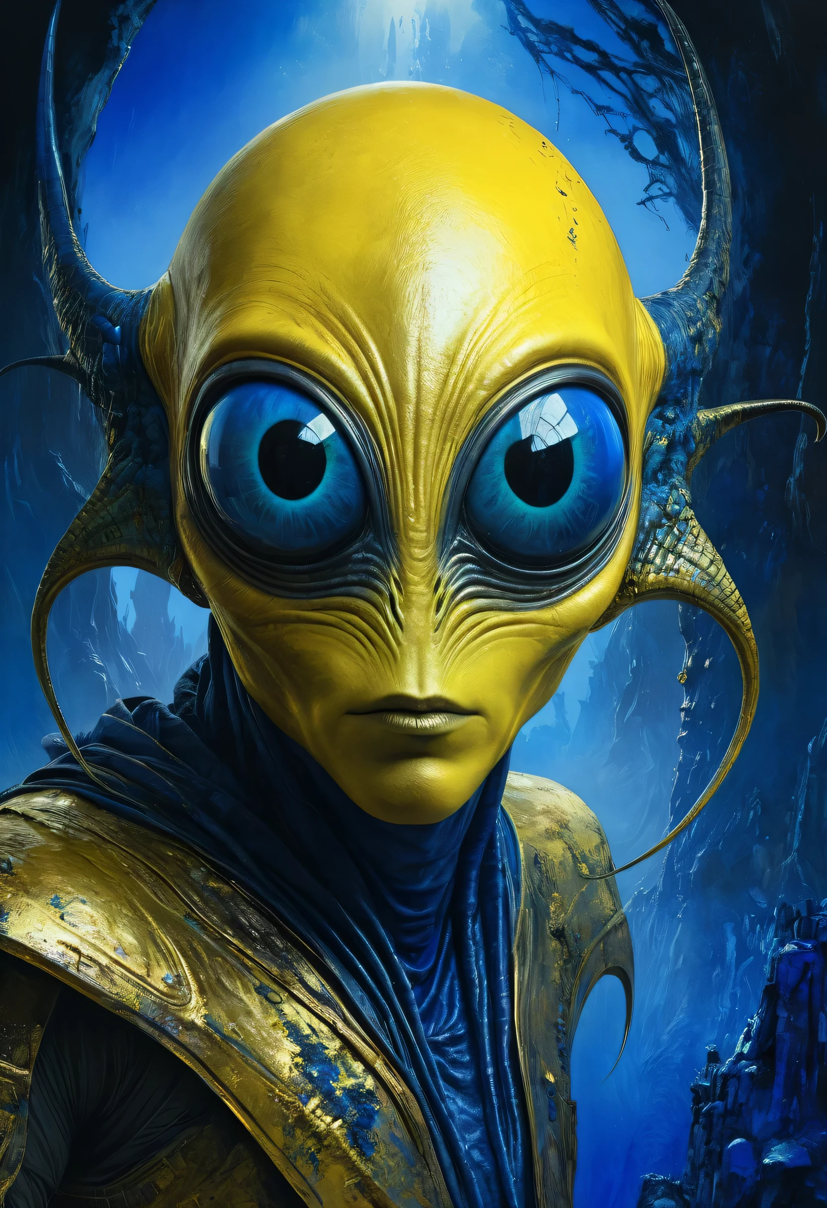 Crazy dream on wastelands beyond fantasy, exploiting a new world coming into his eyes, metallic golden yellow, horror movie scene, alien, realms, dark blue and light yellow, blue and yellow, royal blue and golden yellow, 4D, 8K, photorealistic, dreamlike, fantastic creatures on big and complex composition storytelling, masterpiece, artwork by Hieronymous Bosch, artwork by Jeremy Mann, artwork by Beksinski, artwork by Bernie Wrightson, artwork by René Magrite, Surrealism, Impressionism