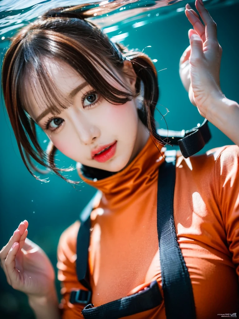 (best quality,4K,highres,masterpiece:1.2),ultra-detailed,realistic,28 years old pretty young lady,(full body covered diving suit),(beautiful detailed eyes,beautiful detailed lips,extremely detailed face),underwater scene,coral reef,sunlight filtering through the water,vivid colors,serene atmosphere,cinematic lighting,professional photography