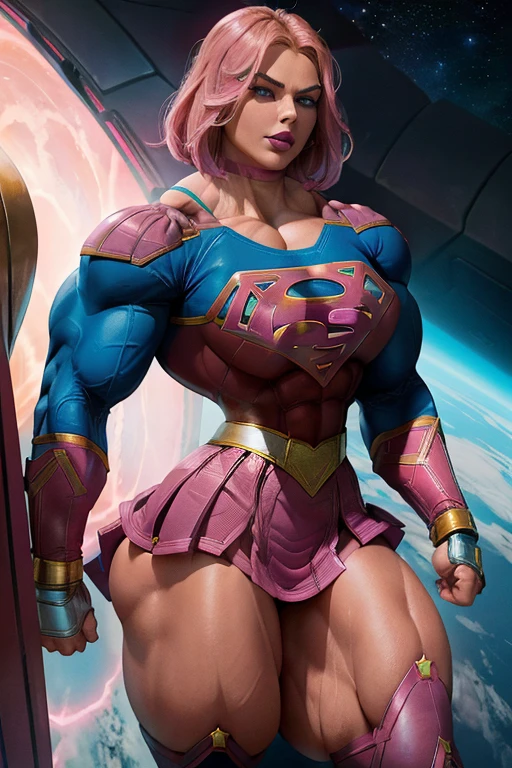 (((Close-up))), tall, (shocking pink hair) beautiful muscular woman, angled bob cut, brown skinned, closed smile, large breast, (black lipstick), (massive muscles), (hyper muscle), ((ginormous bulky muscles)), blue eyes, (((pink supergirl suit))), (pink supergirl skirt), gauntlets, choker, boots, (in space)