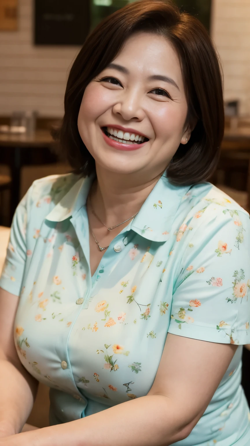 最high quality, In 8K, whole body, Real, Upper Body, high quality, High resolution, Detailed face, Detailed eyes, Thick lips, (Look at the viewers), alone, Middle-aged women, , 60 years old, , Wavy Hair, , Wearing short sleeves, Standing in front of a fountain, Wrinkles around the eyes, Smiling with teeth showing, Background Blur