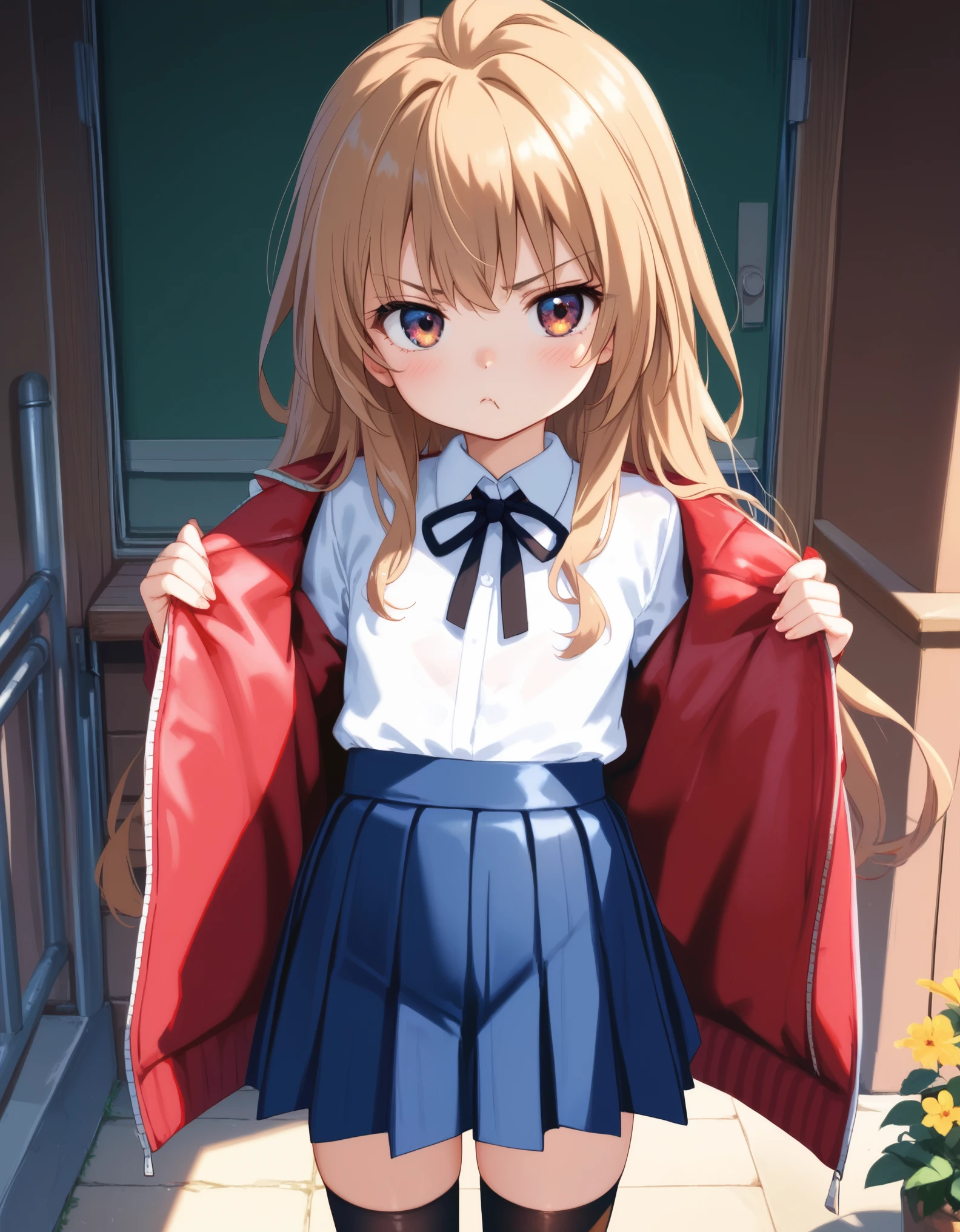 masterpiece, best_quality, 1girl, aisaka_taiga, brown_eyes, brown_hair, long_hair, flat_chest, pleated_skirt, blue_skirt, white_shirt, collared_shirt, black_thighhighs, black_ribbon, neck_ribbon, jacket, red_jacket, pout