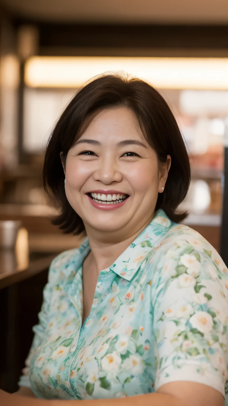 8k wallpaper, masterpiece, Highest quality, Very detailed, One Mature Woman, 50 years old, Become very clear, Wearing a spring-like shirt, Skin dents, Captivating smile, Looking at the audience, , Plump, Curvaceous, Attractive face, Smiling with teeth showing, I was happy, sitting in a cafe, Background Blur