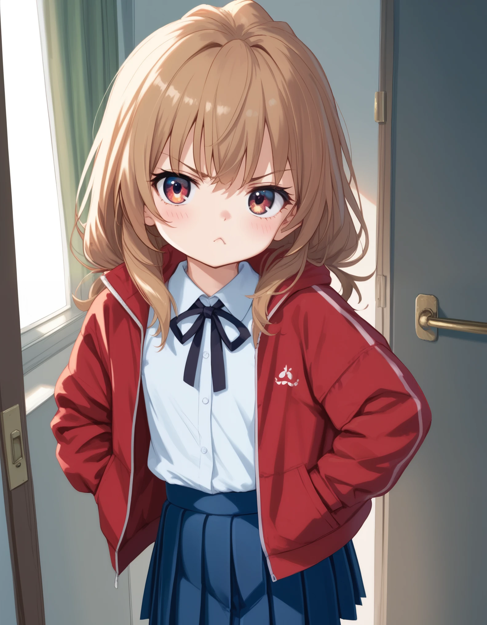 masterpiece, best_quality, 1girl, aisaka_taiga, brown_eyes, brown_hair, long_hair, flat_chest, pleated_skirt, blue_skirt, white_shirt, collared_shirt, black_thighhighs, black_ribbon, neck_ribbon, jacket, red_jacket, pout