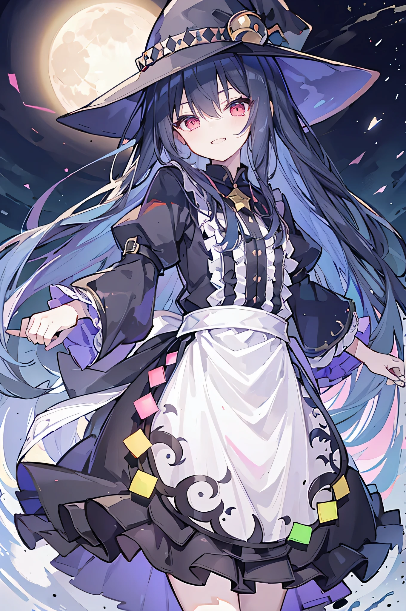 oung Girls,Humanity,A magician always smiles,big witch hat,cute,dark blue long hair,The eyes are dull,The bangs are heavy,Thin eyebrows,fantasy,intake,Double teeth,Star Theme,Constellation pattern,Solid color clothetal decoration,cloak,A bit of a dark atmosphere,A little crazy smile,When the big moon shines outside at night,blood,Hair black star embellishment,Short tie,No nails,High waist skirt,Bell sleeves,Long-sleeved shirt,Black tie,low risk,gentlemen。Mist、Yellow and white effect，Shocking pink as an accent color