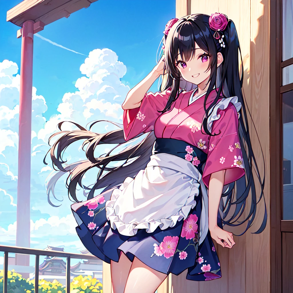 masterpiece, best quality, high quality, extremely detailed, very delicate and beautiful, (1 female 18 years old solo:1.5), (long black hair up to waist with two side up:1.5), bangs to eyebrows, eyes (eyes: 1.3), (eyes: magenta: 1.3), 6.5 head height, (apron in yukata summer flower print fashion: 1.3), knee socks, lace, frills, (smiling), (welcome pose: 1.3), (standing), (dynamic pose), (background Japanese style coffee shop: 1.3 ), (blue sky:1.3)