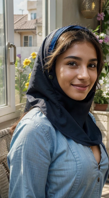 (best quality, highly detailed, high resolution, masterpiece: 1.2), HDR, UHD, studio lighting, realistic, photorealistic: 1. 37, girl, middle eastern pretty face, wearing niqab, embossed large chest close-up by the window, bright color palette, portrait, sharp focus, professional lighting, emotionally expressive face, soft natural lighting, contemporary illustration style, empathy, evocative background scene, colorful clothes, ager with a joyful smile, thoughtful gaze, reflective mood, inspiring determination, overcoming challenges, positive energy, outdoor garden setting, peaceful atmosphere, blooming flowers, inclusive community, diverse representation, uplifting relationships, supportive friends and family, caring environment, lush greenery, relaxing day in the sun, optimistic tone.