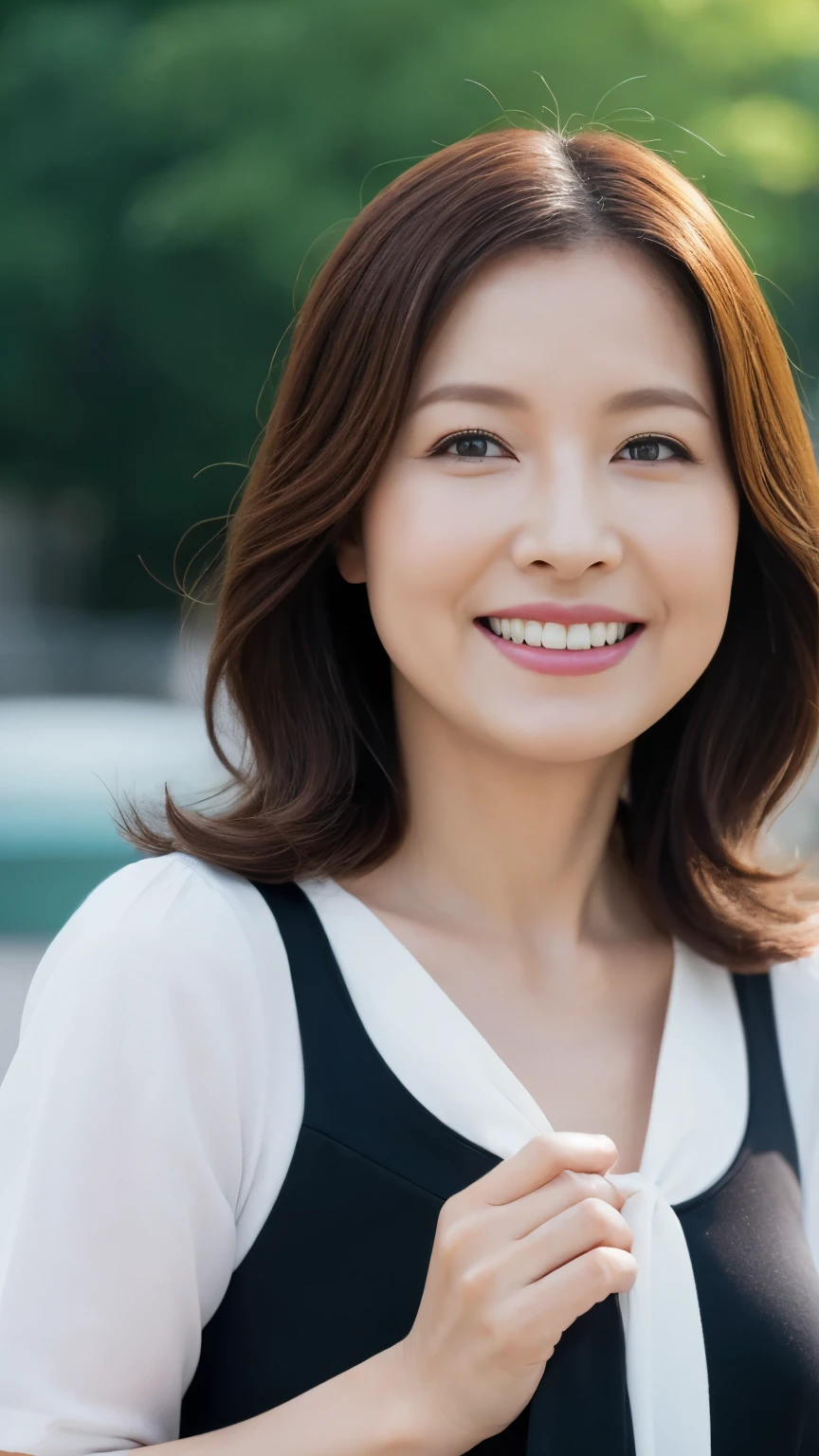 最high quality, In 8K, whole body, Real, Upper Body, high quality, High resolution, Detailed face, Detailed eyes, Thick lips, (Look at the viewers), alone, Middle-aged women, , 60 years old, , Wavy Hair, , Wearing short sleeves, Standing in front of a fountain, Wrinkles around the eyes, Smiling with teeth showing, Background Blur