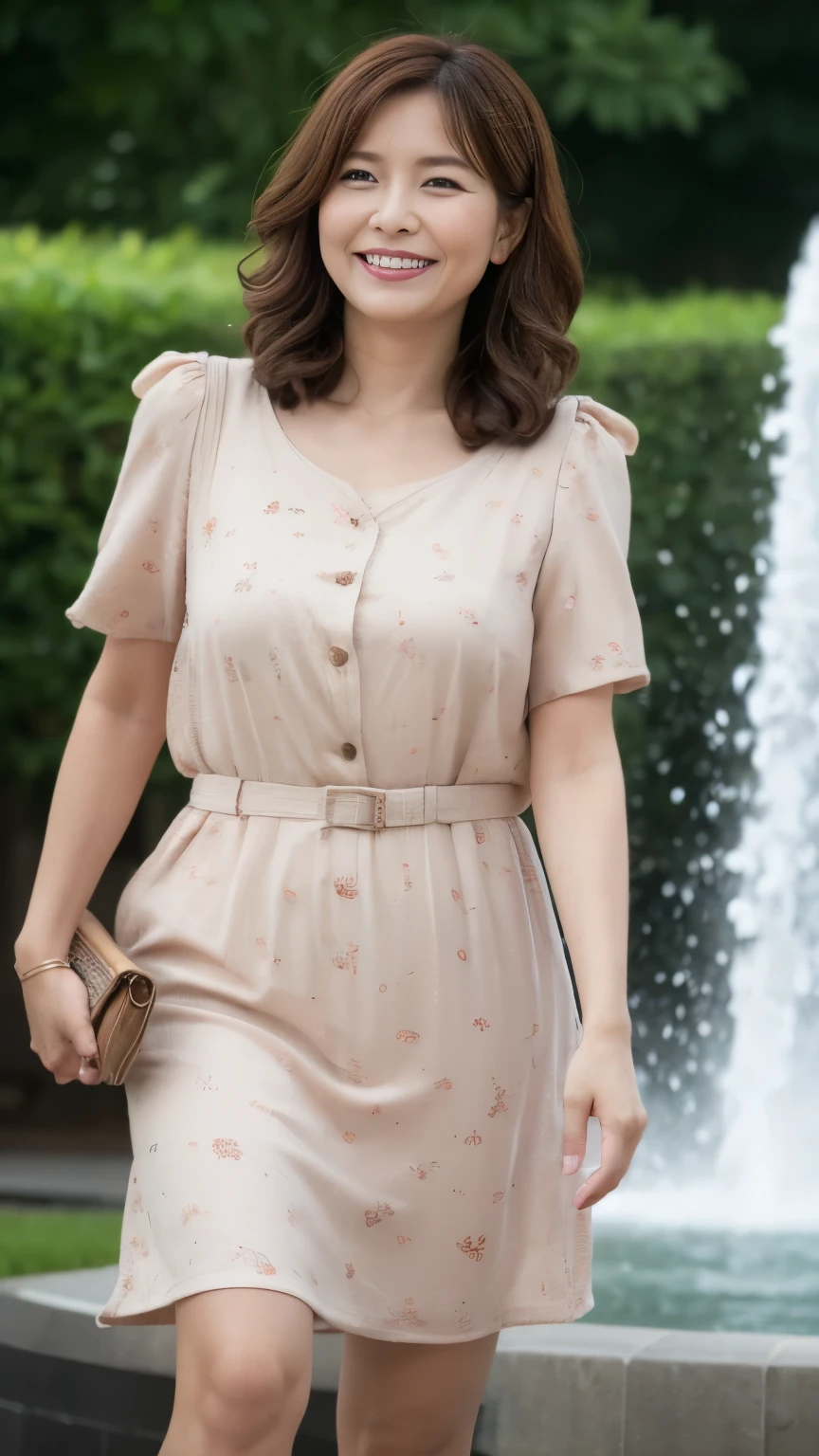 最high quality, In 8K, whole body, Real, Upper Body, high quality, High resolution, Detailed face, Detailed eyes, Thick lips, (Look at the viewers), alone, Middle-aged women, , 60 years old, , Wavy Hair, , Wearing short sleeves, Standing in front of a fountain, Wrinkles around the eyes, Smiling with teeth showing, Background Blur