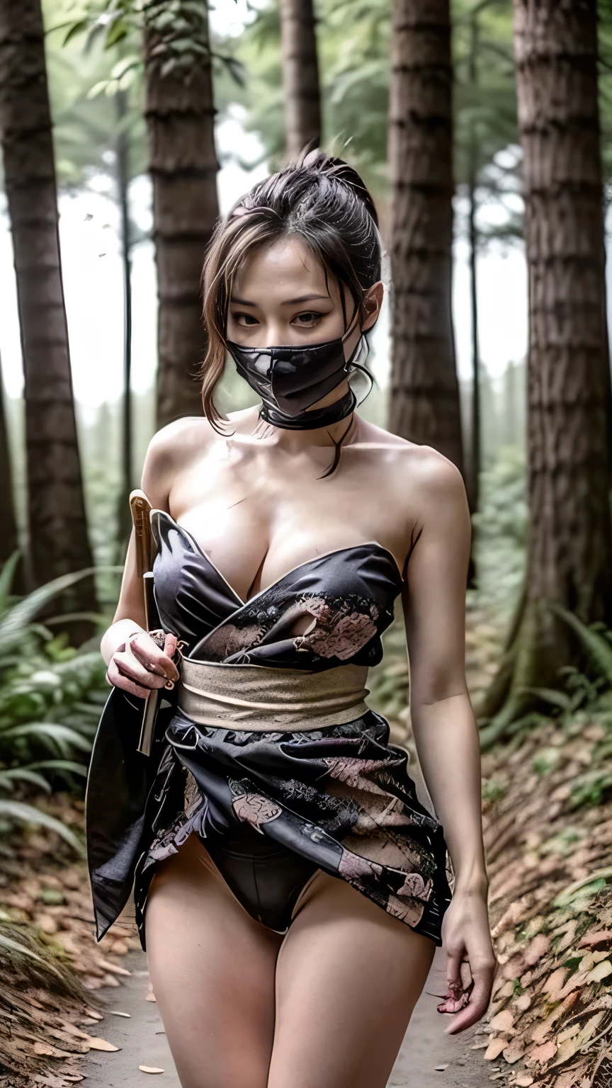 (was:1.3、((A female ninja standing in a fighting position with a weapon in the forest:1.5)、With background)、(Female ninja with a sword:1.5))、(Realistic、Like a photograph、Live Action、8k, Realistic, RAW Photos, Best image quality: 1.4), Single-lens reflex camera、RAW Photos, Highest quality, Realistic, Highly detailed CG Unity 8k wallpaper, Written boundary depth, Cinematic Light, Lens flare, Ray Tracing, Realistic background、(kunoichi:1.4、White floral kimono::1.2、skirtlift)、Grey Hair、short hair、Short Ponytail、((Ultra-Dense Skin))、 1 girl,Cute Kunoichi、(whole body:1.5)、I like that style、Pay attention to the details、Perfect outfit、(White skin)、Accurate Arm、Accurate feet、Beautiful legs、Precise thighs、Anatomically correct body、View from the front