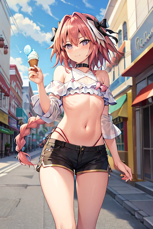 astolfo, Beautiful and slim perfect body, rasgos muy females, cuerpo female sexy muy delgado, flat chest, Pectorals, not breasts, very innocent smile, Girl, bright pink hair, spiky hair, short hair, a long braid, lock of white hair on left side, almost non-existent shorts, top that barely goes up the chest, off shoulder top, long fishnet stockings, female, small bulge in shorts, not penis, Eating an ice-cream, walking down the street