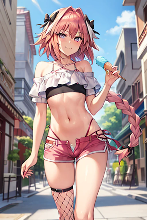 astolfo, Beautiful and slim perfect body, rasgos muy females, cuerpo female sexy muy delgado, flat chest, Pectorals, not breasts, very innocent smile, Girl, bright pink hair, spiky hair, short hair, a long braid, lock of white hair on left side, almost non-existent shorts, top that barely goes up the chest, off shoulder top, long fishnet stockings, female, small bulge in shorts, not penis, Eating an ice-cream, walking down the street