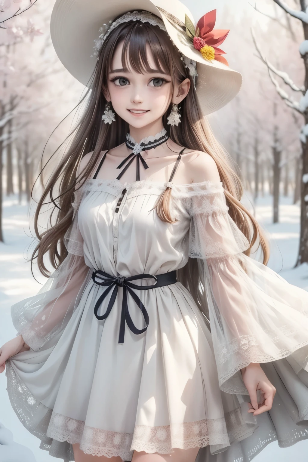  CG, 8K wallpaper, beautiful face, delicate eyes, a maiden, solo, smile, bangs, skirt, shirt, hat, dress, bow, petals, bouquet , maple trees, everywhere mistletoe, gorgeous, maple and spruce trees, cherry, cherry tree, smile, view from front, wolf ears, snowy background,  Tall evergreens stand tall and proud, their branches weighed down by heavy snow,  high quality, extremely detailed CG unity 8k wallpaper A vibrant spring landscape, bursting with new life and color. Rolling hills are covered with a carpet of green, dotted with delicate wildflowers in shades of pink, purple, and yellow, volumetric lighting
