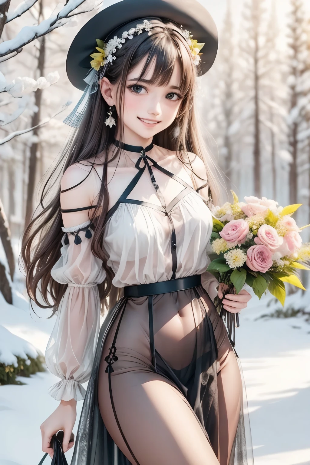  CG, 8K wallpaper, beautiful face, delicate eyes, a maiden, solo, smile, bangs, skirt, shirt, hat, dress, bow, petals, bouquet , maple trees, everywhere mistletoe, gorgeous, maple and spruce trees, cherry, cherry tree, smile, view from front, wolf ears, snowy background,  Tall evergreens stand tall and proud, their branches weighed down by heavy snow,  high quality, extremely detailed CG unity 8k wallpaper A vibrant spring landscape, bursting with new life and color. Rolling hills are covered with a carpet of green, dotted with delicate wildflowers in shades of pink, purple, and yellow, volumetric lighting
