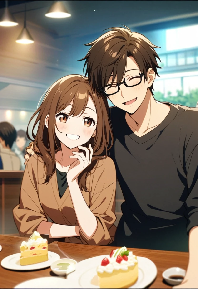 anime, two people, one beautiful female with long brown hair and no glasses, the other person is a male with short dark brown hair and black rimmed glasses, they are boyfriend and girlfriend, both smiling