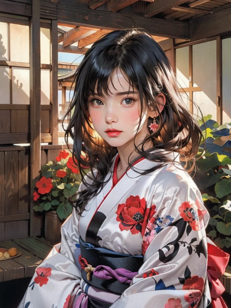 (highest quality、8k、32k、masterpiece)、(masterpiece, up to date,Exceptional:1.2), Anime, One girl,Front hair,black_hair, Beautiful 8k eyes,Looking_in_Audience,One person in,Are standing,((Very beautiful woman, Fuller lips, Japanese pintern kimono))、((Colorful Japanese kimono)))、(((Medium Shot)))、Blunt bung、(High resolution)、Very beautiful face and eyes、1 girl 、Round and small face、Narrow waist、delicine body、(highest quality high detail Rich skin details)、(highest quality、8k、Oil paints:1.2)、Very detailed、(Realistic、Realistic:1.37)、Bright colors、(((blackhair)))、(((longhair)))、(((cowboy pictures)))、((( Inside an old Japanese house)))、(masterpiece, highest quality, highest quality, Official Art, beautifully、aesthetic:1.2), (One girl), Very detailedな,(Fractal Art:1.3),colorful,Most detailed,Sengoku period(High resolution)、Very beautiful face and eyes、1 girl 、Round and small face、Tight waist、Delicine body、(highest quality high detail Rich skin details)、(highest quality、8k、Oil paints:1.2)、(Realistic、Realistic:1.37)、Greg Rutkowski Written by Alphonse Mucha Ropp, sun lips