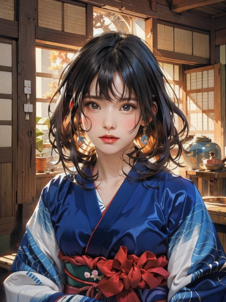 (highest quality、8k、32k、masterpiece)、(masterpiece, up to date,Exceptional:1.2), Anime, One girl,Front hair,black_hair, Beautiful 8k eyes,Looking_in_Audience,One person in,Are standing,((Very beautiful woman, Fuller lips, Japanese pintern kimono))、((Colorful Japanese kimono)))、(((Medium Shot)))、Blunt bung、(High resolution)、Very beautiful face and eyes、1 girl 、Round and small face、Narrow waist、delicine body、(highest quality high detail Rich skin details)、(highest quality、8k、Oil paints:1.2)、Very detailed、(Realistic、Realistic:1.37)、Bright colors、(((blackhair)))、(((longhair)))、(((cowboy pictures)))、((( Inside an old Japanese house)))、(masterpiece, highest quality, highest quality, Official Art, beautifully、aesthetic:1.2), (One girl), Very detailedな,(Fractal Art:1.3),colorful,Most detailed,Sengoku period(High resolution)、Very beautiful face and eyes、1 girl 、Round and small face、Tight waist、Delicine body、(highest quality high detail Rich skin details)、(highest quality、8k、Oil paints:1.2)、(Realistic、Realistic:1.37)、Greg Rutkowski Written by Alphonse Mucha Ropp, sun lips