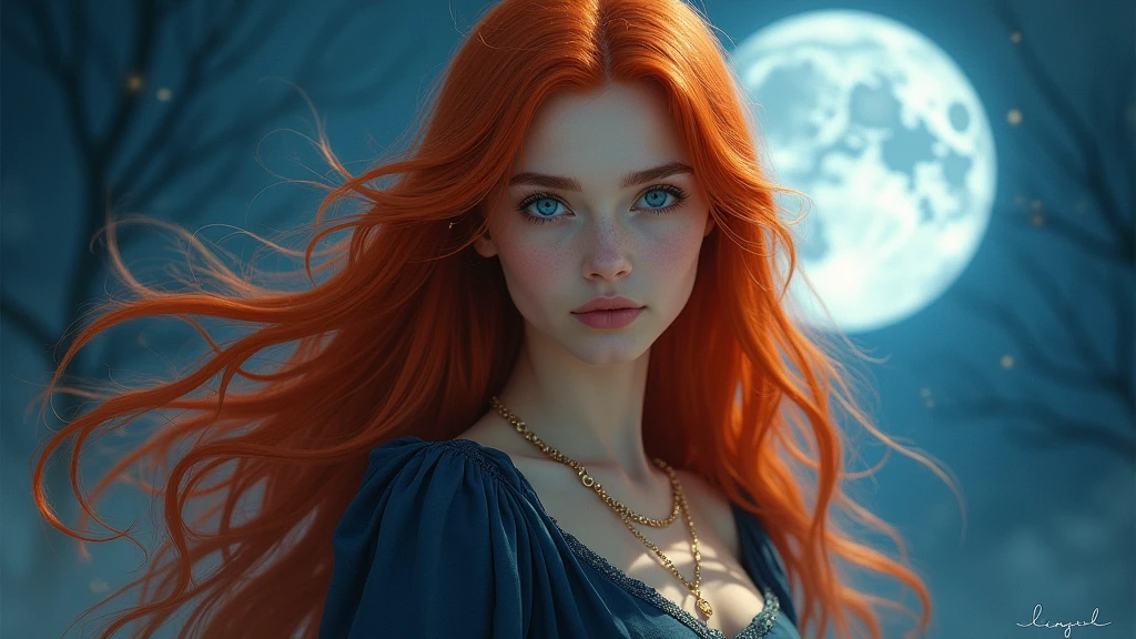 A stunning portrait of a girl with fiery red hair and piercing blue eyes, in a confident and majestic posture, under the moonlit night sky, with a magical aura that seems to dance around you.