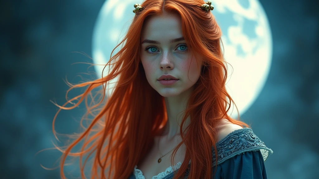 A stunning portrait of a girl with fiery red hair and piercing blue eyes, in a confident and majestic posture, under the moonlit night sky, with a magical aura that seems to dance around you.