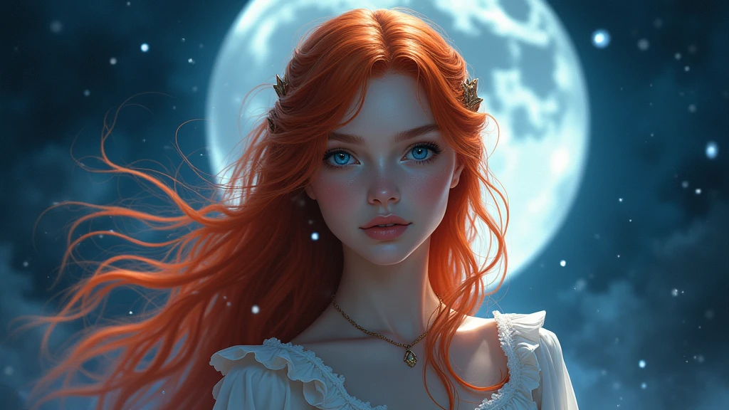 A stunning portrait of a girl with fiery red hair and piercing blue eyes, in a confident and majestic posture, under the moonlit night sky, with a magical aura that seems to dance around you.