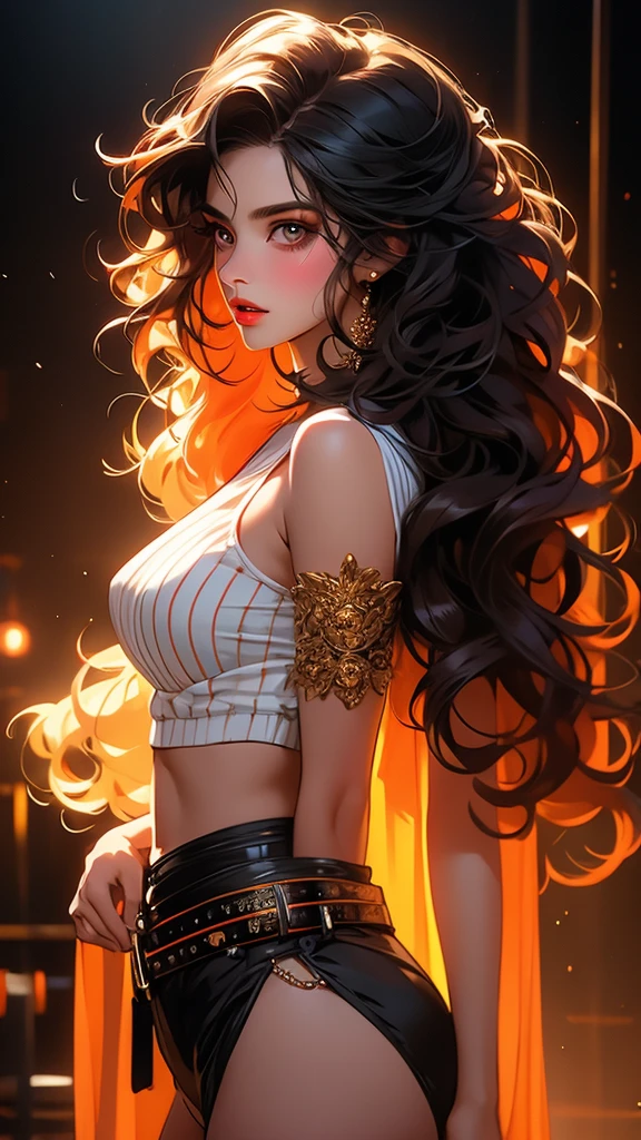 1girl, striped thigh-highs, red and white striped stockings, shorts, black crop top tucked into shorts, belt, long curly hair, beautiful detailed eyes, beautiful detailed lips, extremely detailed face, longeyelashes, medium bust, nipples covered, studio lighting, highly detailed, cinematic lighting, photorealistic, realistic skin texture, dynamic pose, intricate details, warm color palette, glowing skin, hyper detailed, vibrant colors, award winning photography, ethereal, elegant, alluring, portrait