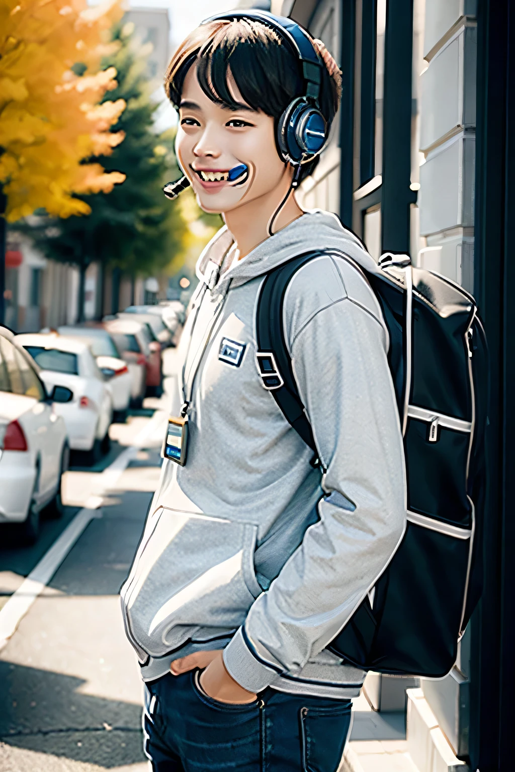CREATE A YOUNG MALE TEENAGE MAN WITH BACKPACK AND HEADPHONES, CHEERFUL MOVIE QUALITY SMILING 4K