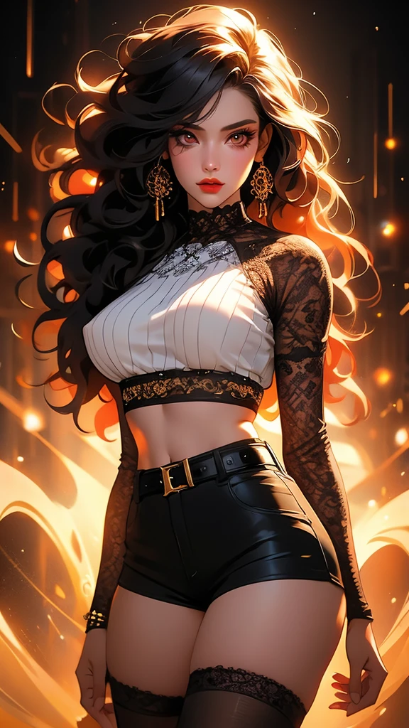 1girl, striped thigh-highs, red and white striped stockings, shorts, black crop top tucked into shorts, belt, long curly hair, beautiful detailed eyes, beautiful detailed lips, extremely detailed face, longeyelashes, medium bust, nipples covered, studio lighting, highly detailed, cinematic lighting, photorealistic, realistic skin texture, dynamic pose, intricate details, warm color palette, glowing skin, hyper detailed, vibrant colors, award winning photography, ethereal, elegant, alluring, portrait