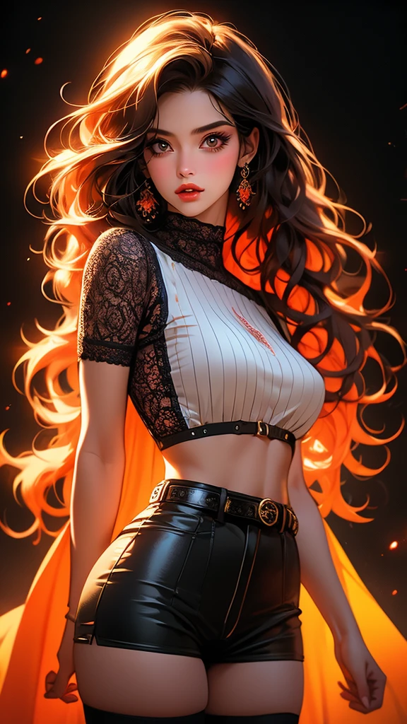 1girl, striped thigh-highs, red and white striped stockings, shorts, black crop top tucked into shorts, belt, long curly hair, beautiful detailed eyes, beautiful detailed lips, extremely detailed face, longeyelashes, medium bust, nipples covered, studio lighting, highly detailed, cinematic lighting, photorealistic, realistic skin texture, dynamic pose, intricate details, warm color palette, glowing skin, hyper detailed, vibrant colors, award winning photography, ethereal, elegant, alluring, portrait