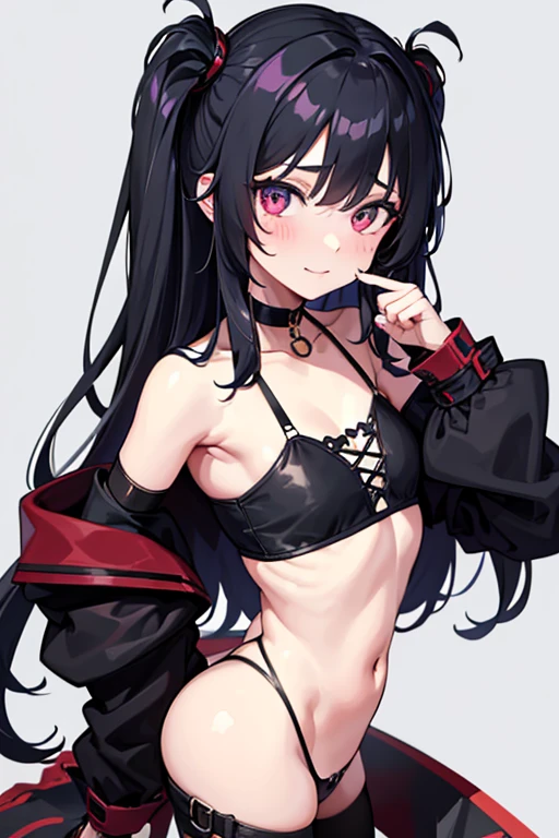 1 girl, アニメ_Coloring, blackw_eyeballs, blackw_mitts, maroon_body hair, choker, aretes, mitts, jewerly, caixa de Farbereio, parody, 小柄_body hair, ssmile, standing alone, styled_parody,  <lora:flat ass_Farbe:1