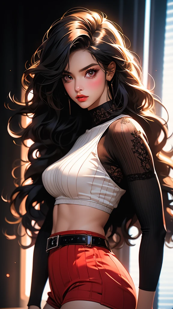 1girl, striped thigh-highs, red and white striped stockings, shorts, black crop top tucked into shorts, belt, long curly hair, beautiful detailed eyes, beautiful detailed lips, extremely detailed face, longeyelashes, medium bust, nipples covered, studio lighting, highly detailed, cinematic lighting, photorealistic, realistic skin texture, dynamic pose, intricate details, warm color palette, glowing skin, hyper detailed, vibrant colors, award winning photography, ethereal, elegant, alluring, portrait