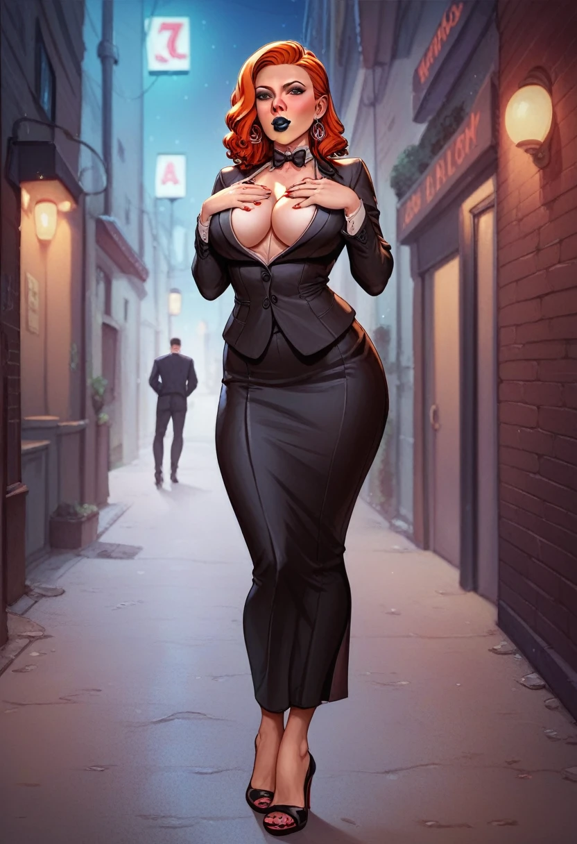 Scarlett Johansson, orange hair, black business suit, barefoot, blushing, alleyway, night, hands on chest, high heels, black lipstick, black eyeliner, red faced