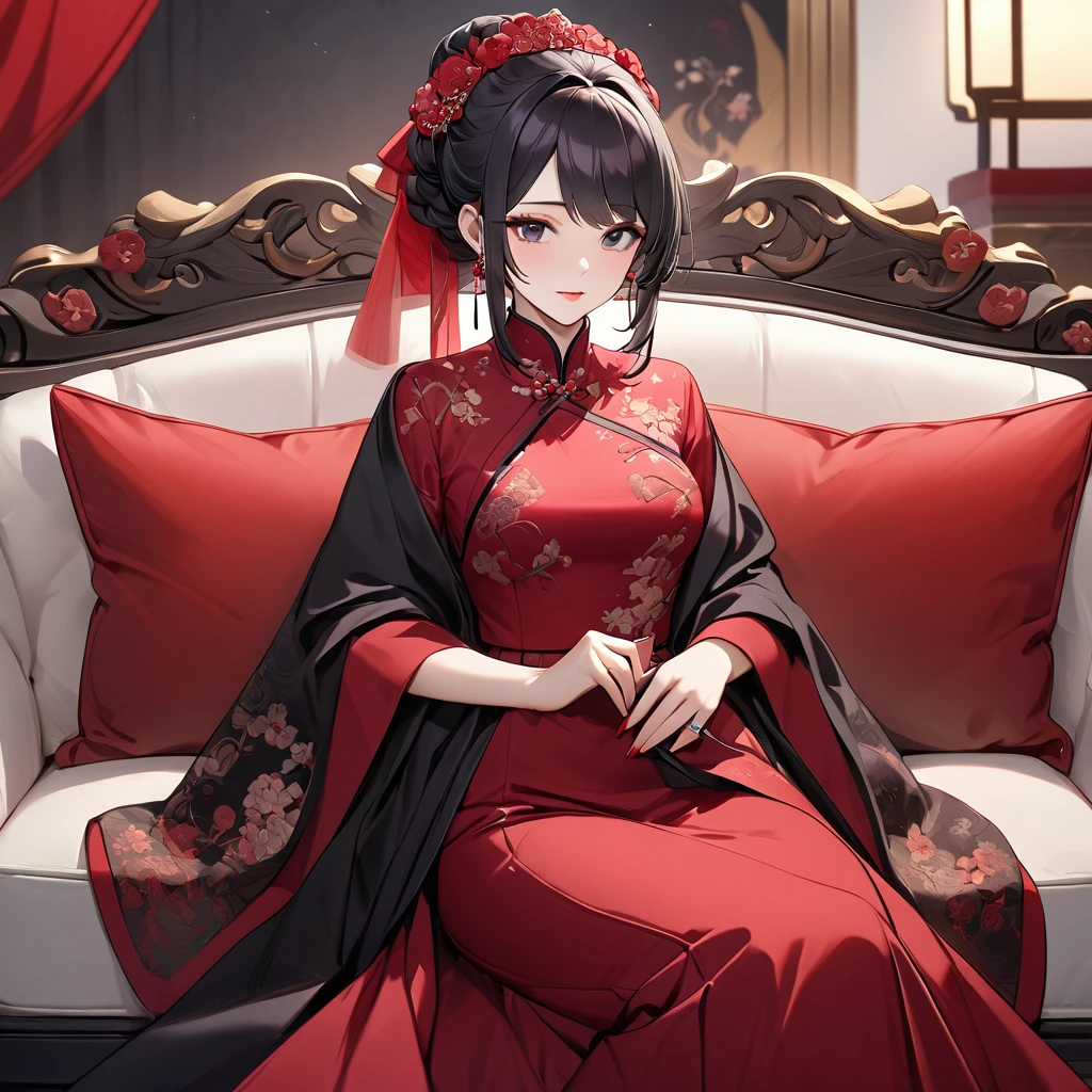 ((Highest quality)), ((masterpiece)), (detailed), (Perfect Face)、The woman is a Chinese woman named Kocho Shinobu.。, Purple gradient bob black hair and formal evening hairstyles. She is wearing an engagement ring. She is a prominent member of the Chinese Communist Party.、She is the wife of a great old Communist Party official.、The woman is beautifully dressed in a gorgeous red wedding dress and red wedding veil, typical of the Chinese Communist Party.、A poised and elegant Chinese lady sitting on a plush sofa in a luxurious room