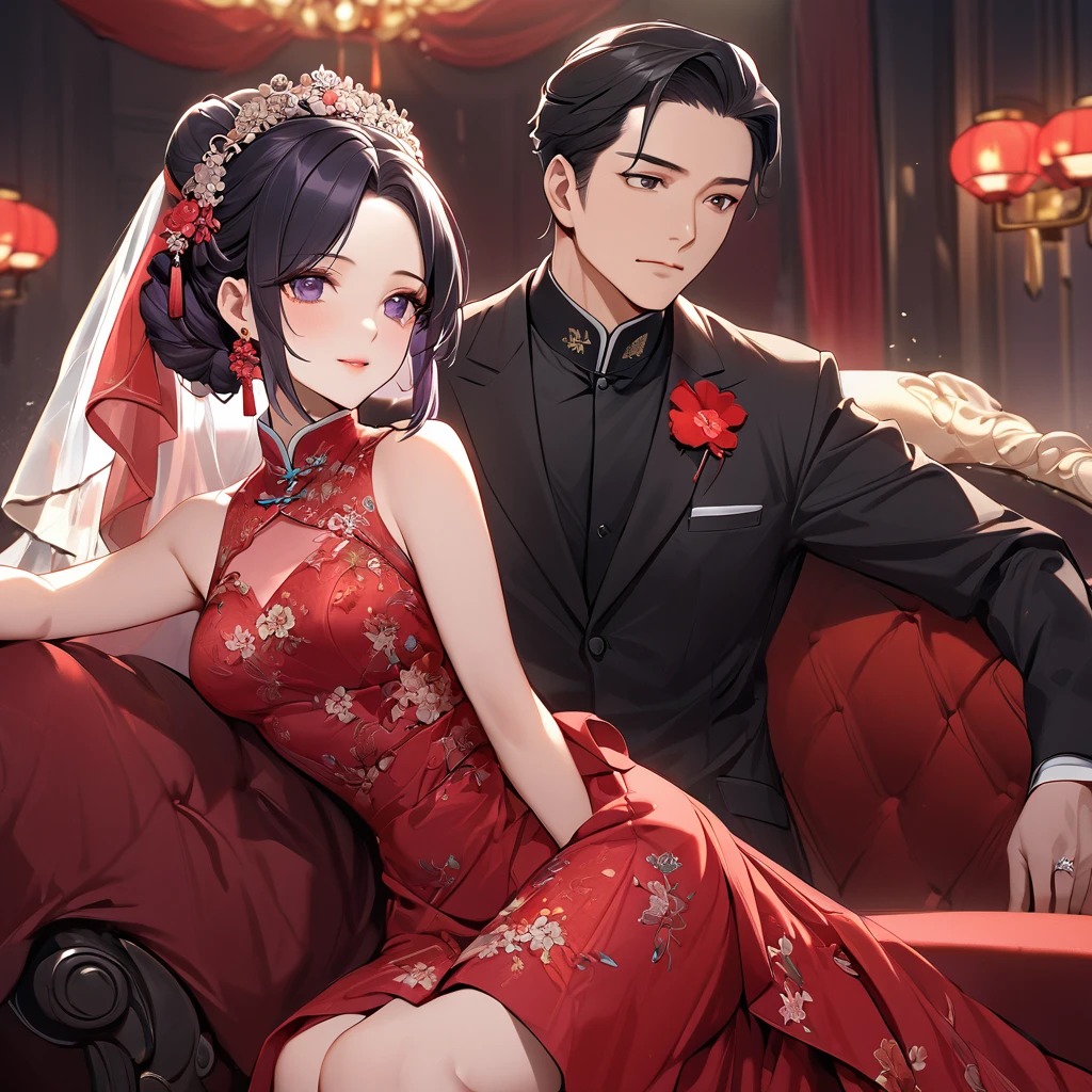 ((Highest quality)), ((masterpiece)), (detailed), (Perfect Face)、The woman is a Chinese woman named Kocho Shinobu.。, Purple gradient bob black hair and formal evening hairstyles. She is wearing an engagement ring. She is a prominent member of the Chinese Communist Party.、She is the wife of a great old Communist Party official.、The woman is beautifully dressed in a gorgeous red wedding dress and red wedding veil, typical of the Chinese Communist Party.、A poised and elegant Chinese lady sitting on a plush sofa in a luxurious room