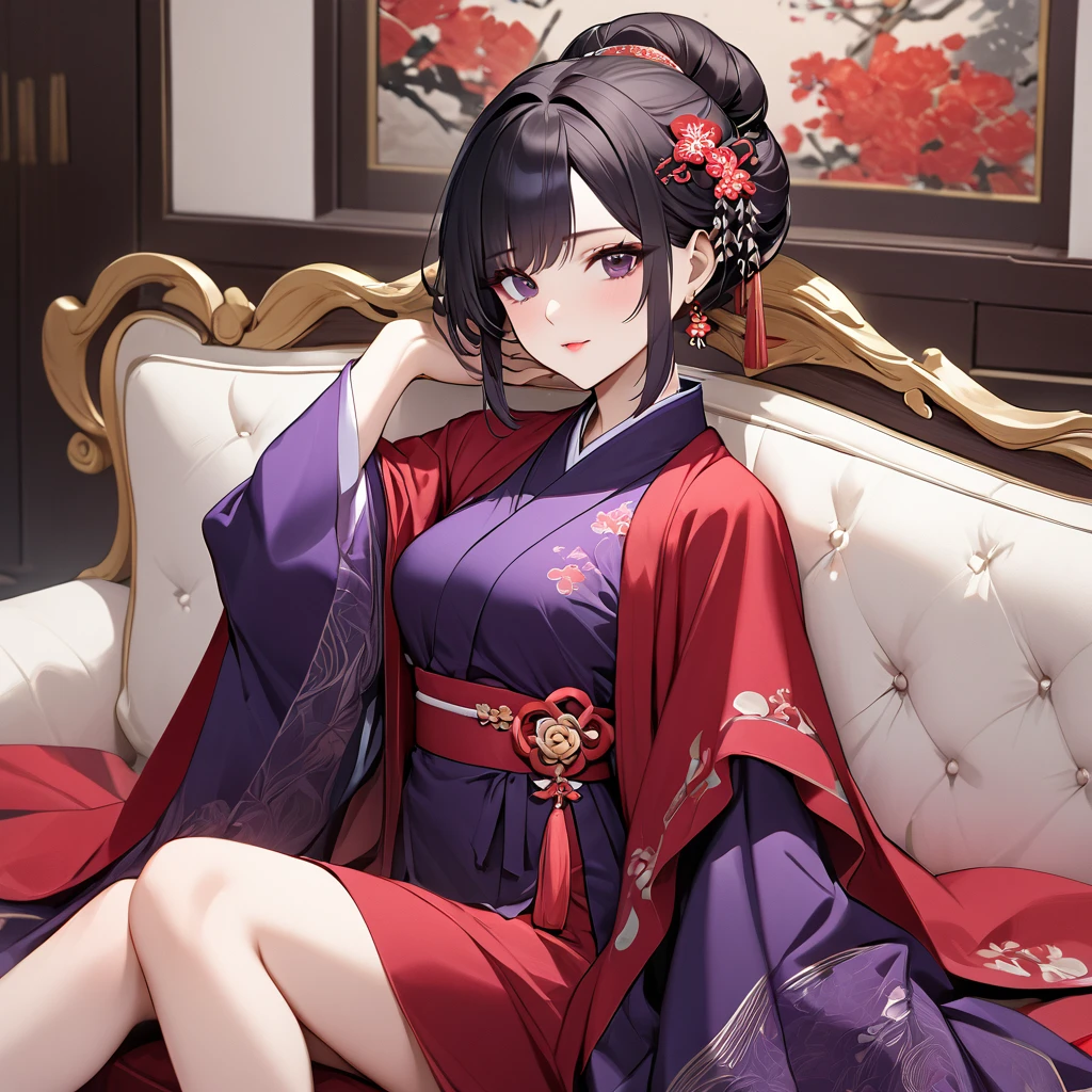 ((Highest quality)), ((masterpiece)), (detailed), (Perfect Face)、The woman is a Chinese woman named Kocho Shinobu.。, Purple gradient bob black hair and formal evening hairstyles. She is wearing an engagement ring. She is a prominent member of the Chinese Communist Party.、She is the wife of a great old Communist Party official.、The woman is beautifully dressed in the gorgeous and gorgeous red Hanfu that is typical of the Chinese Communist Party.、A poised and elegant Chinese lady sitting on a plush sofa in a luxurious room