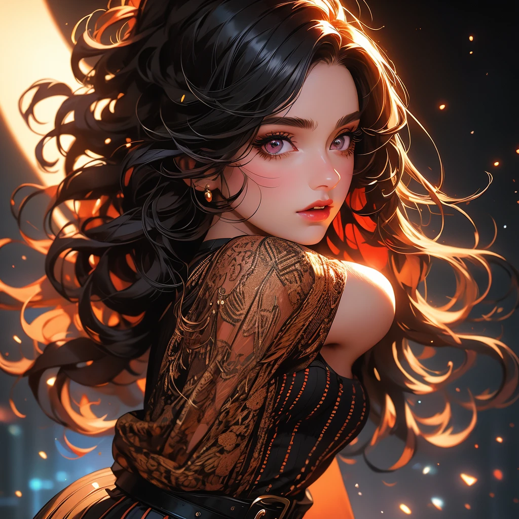 1girl, striped thigh-highs, red and white striped stockings, shorts, black crop top tucked into shorts, belt, long curly hair, beautiful detailed eyes, beautiful detailed lips, extremely detailed face, longeyelashes, medium bust, nipples covered, studio lighting, highly detailed, cinematic lighting, photorealistic, realistic skin texture, dynamic pose, intricate details, warm color palette, glowing skin, hyper detailed, vibrant colors, award winning photography, ethereal, elegant, alluring, portrait