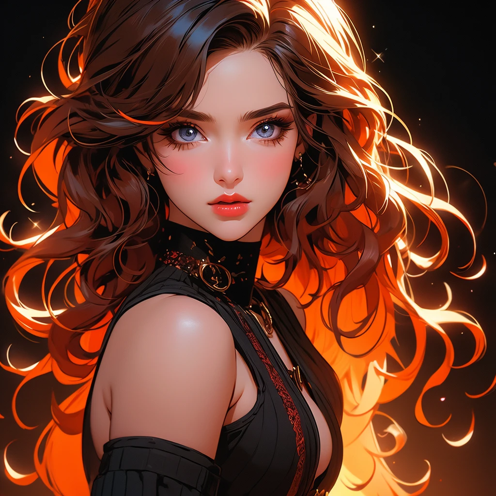 sinder, <lora:VTSinderV3:0.7>, sinder, looking at viewer, 1girl, yellow eyes, wolf girl, long brown two-toned streaked hair+swept bangs and sidelocks, fiery wolf ears and flame-tipped wolf tail, orange tail, ear piercing, bare shoulders, cleavage, collarbone, off-shoulder shirt with a black bow, (spiked belt, spiked bracelet, spiked choker, spiked collar:1.3), nails, black nail polish, black pencil skirt+skirt slit, thighs, asymmetrical legwear:fishnets thighhighs+black thighhighs, thigh strap together:-4, artstation, detailed, hyperrealism, elegant, highly