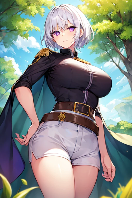 1girl, white hair, very short hair, purple eyes, light smile, large breasts, toned, belt, black shirt, shirt, shorts, white shorts, green cape, cape, forest,