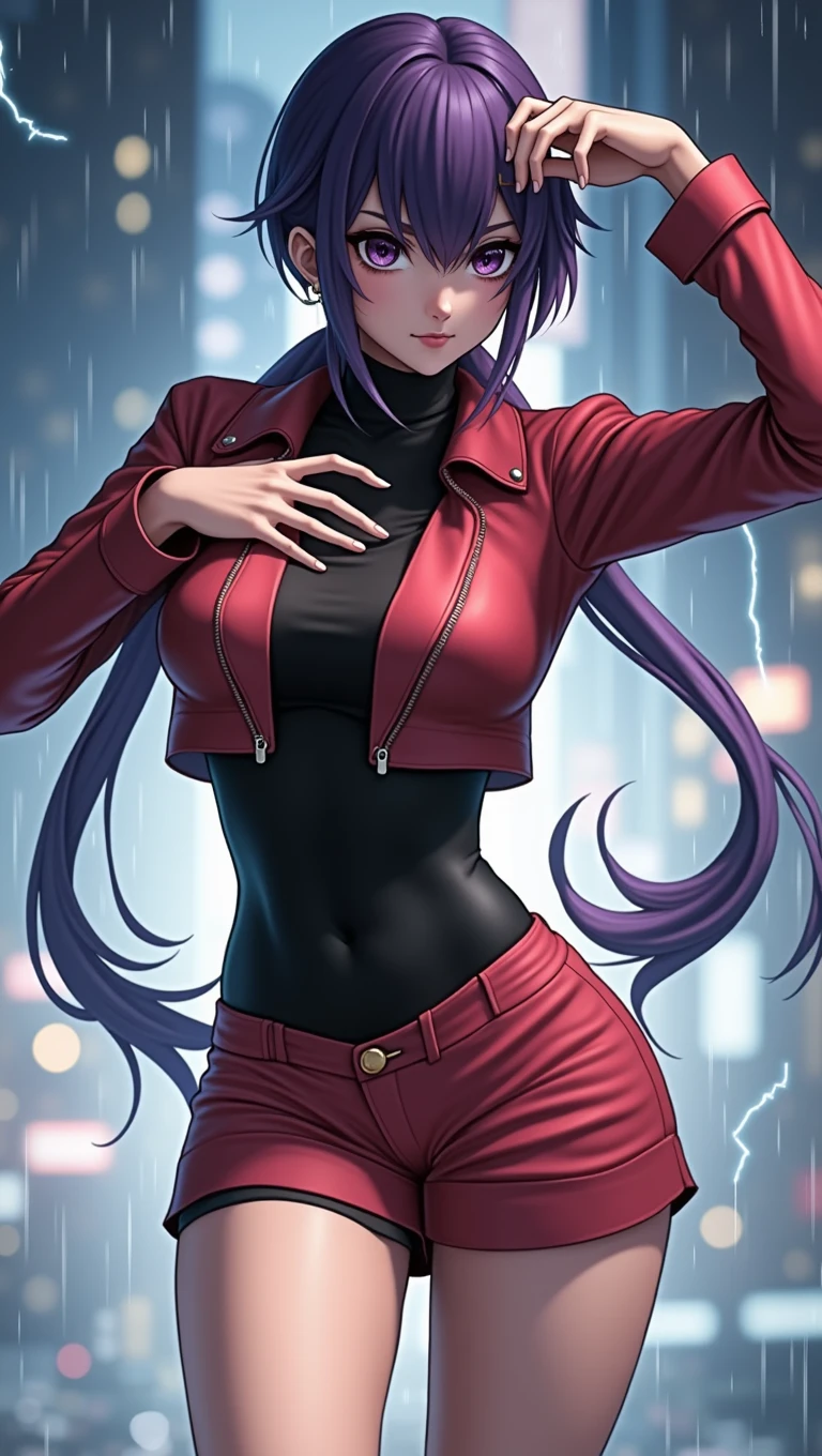 (at night), alone, in a video game scene a background of a beautiful city during the day raining, standing at attention, purple hair, lightning behind her, lightning coming out of her hand ((purple hair)), 1 girl, alone, 20 years old, young woman, perfect hands, beautiful and perfect fingers, long beautiful legs, perfect legs, beautiful body, beautiful nose, beautiful character design, perfect face, look at the viewer with a serious gesture and in a standing position attack (focusing on his face), closed mouth, Light_Smile, official art, extremely detailed CG unity 8k wallpaper, perfect lighting, bright and colorful front lighting, glowing skin (masterpiece: 1.0), (best_quality: 1.0), resolution ultra high, 4K, ultra detailed photography, 8K, HDR, high resolution, nonsense: 1.2, Kodak portra 400, film grain, blurred background, bokeh: 1.2, lens flare, (vibrant_color:1.2), professional photography, (beautiful_face : 1.5), (narrow waist),
