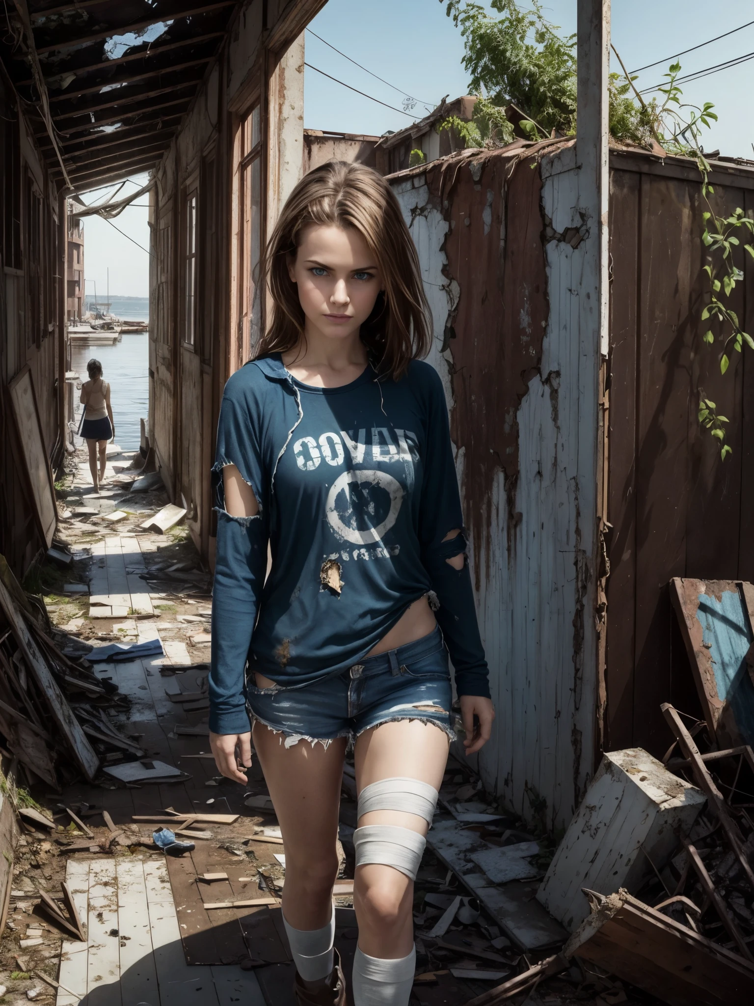 1girl, bandage on thigh, torn and dirty clothes, brown hair, blue eyes, walking, post-apocalyptic harbor, dilapidated docks, abandoned ships, rusted metal, decaying structures, overgrown vegetation, crumbling buildings, scattered debris, broken windows, weathered wood, haunting beauty, desolate scene, detailed textures, remnants of civilization, water reflections, close-up shot,