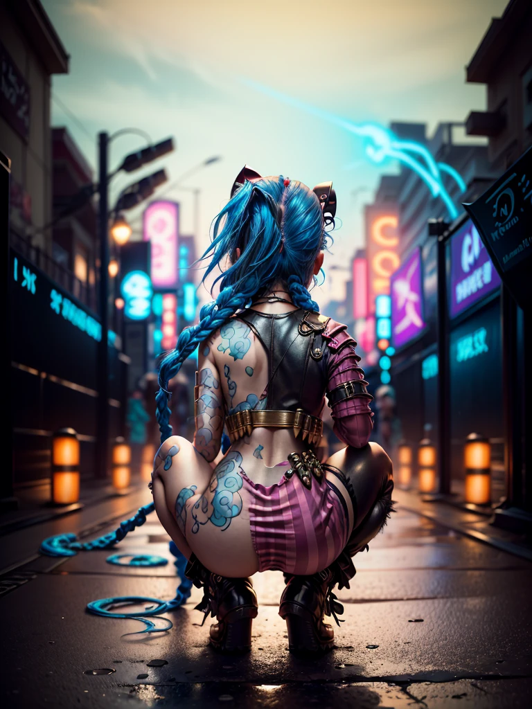 ((Jinx wears a Harajuku Tech costume), Cowboy-shot, wind, tousled hair, (Aesthetics and atmosphere:1.2),smiling, Laugh, from the back, crouching