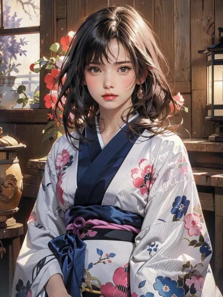 (highest quality、8k、32k、masterpiece)、(masterpiece, up to date,Exceptional:1.2), Anime, One girl,Front hair,black_hair, Beautiful 8k eyes,Looking_in_Audience,One person in,Are standing,((Very beautiful woman, Fuller lips, Japanese pintern kimono))、((Colorful Japanese kimono)))、(((Medium Shot)))、Blunt bung、(High resolution)、Very beautiful face and eyes、1 girl 、Round and small face、Narrow waist、delicine body、(highest quality high detail Rich skin details)、(highest quality、8k、Oil paints:1.2)、Very detailed、(Realistic、Realistic:1.37)、Bright colors、(((blackhair)))、(((longhair)))、(((cowboy pictures)))、((( Inside an old Japanese house)))、(masterpiece, highest quality, highest quality, Official Art, beautifully、aesthetic:1.2), (One girl), Very detailedな,(Fractal Art:1.3),colorful,Most detailed,Sengoku period(High resolution)、Very beautiful face and eyes、1 girl 、Round and small face、Tight waist、Delicine body、(highest quality high detail Rich skin details)、(highest quality、8k、Oil paints:1.2)、(Realistic、Realistic:1.37)、Greg Rutkowski Written by Alphonse Mucha Ropp, sun lips
