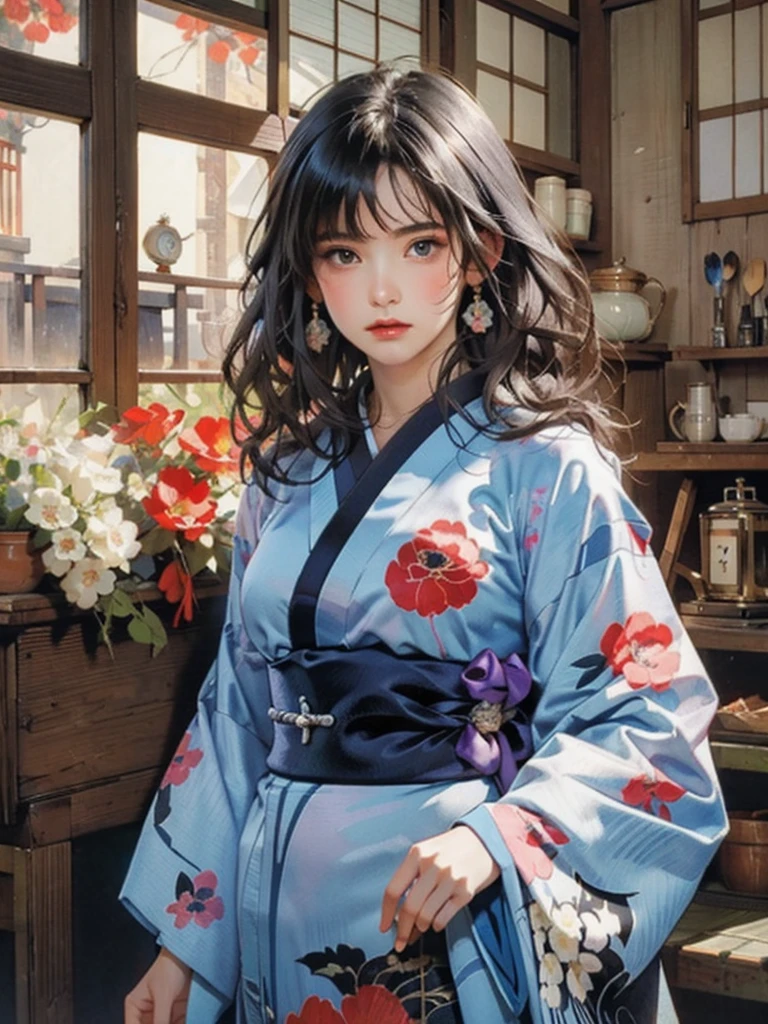 (highest quality、8k、32k、masterpiece)、(masterpiece, up to date,Exceptional:1.2), Anime, One girl,Front hair,black_hair, Beautiful 8k eyes,Looking_in_Audience,One person in,Are standing,((Very beautiful woman, Fuller lips, Japanese pintern kimono))、((Colorful Japanese kimono)))、(((Medium Shot)))、Blunt bung、(High resolution)、Very beautiful face and eyes、1 girl 、Round and small face、Narrow waist、delicine body、(highest quality high detail Rich skin details)、(highest quality、8k、Oil paints:1.2)、Very detailed、(Realistic、Realistic:1.37)、Bright colors、(((blackhair)))、(((longhair)))、(((cowboy pictures)))、((( Inside an old Japanese house)))、(masterpiece, highest quality, highest quality, Official Art, beautifully、aesthetic:1.2), (One girl), Very detailedな,(Fractal Art:1.3),colorful,Most detailed,Sengoku period(High resolution)、Very beautiful face and eyes、1 girl 、Round and small face、Tight waist、Delicine body、(highest quality high detail Rich skin details)、(highest quality、8k、Oil paints:1.2)、(Realistic、Realistic:1.37)、Greg Rutkowski Written by Alphonse Mucha Ropp, sun lips