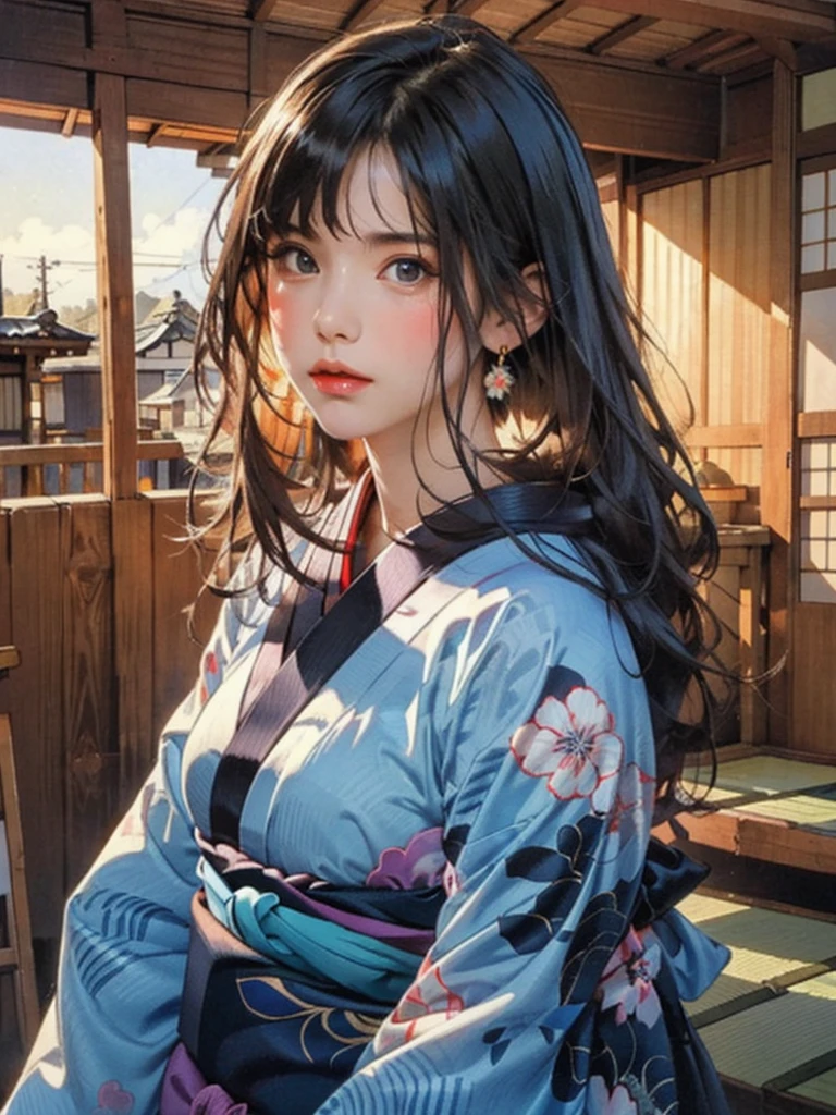 (highest quality、8k、32k、masterpiece)、(masterpiece, up to date,Exceptional:1.2), Anime, One girl,Front hair,black_hair, Beautiful 8k eyes,Looking_in_Audience,One person in,Are standing,((Very beautiful woman, Fuller lips, Japanese pintern kimono))、((Colorful Japanese kimono)))、(((Medium Shot)))、Blunt bung、(High resolution)、Very beautiful face and eyes、1 girl 、Round and small face、Narrow waist、delicine body、(highest quality high detail Rich skin details)、(highest quality、8k、Oil paints:1.2)、Very detailed、(Realistic、Realistic:1.37)、Bright colors、(((blackhair)))、(((longhair)))、(((cowboy pictures)))、((( Inside an old Japanese house)))、(masterpiece, highest quality, highest quality, Official Art, beautifully、aesthetic:1.2), (One girl), Very detailedな,(Fractal Art:1.3),colorful,Most detailed,Sengoku period(High resolution)、Very beautiful face and eyes、1 girl 、Round and small face、Tight waist、Delicine body、(highest quality high detail Rich skin details)、(highest quality、8k、Oil paints:1.2)、(Realistic、Realistic:1.37)、Greg Rutkowski Written by Alphonse Mucha Ropp, sun lips