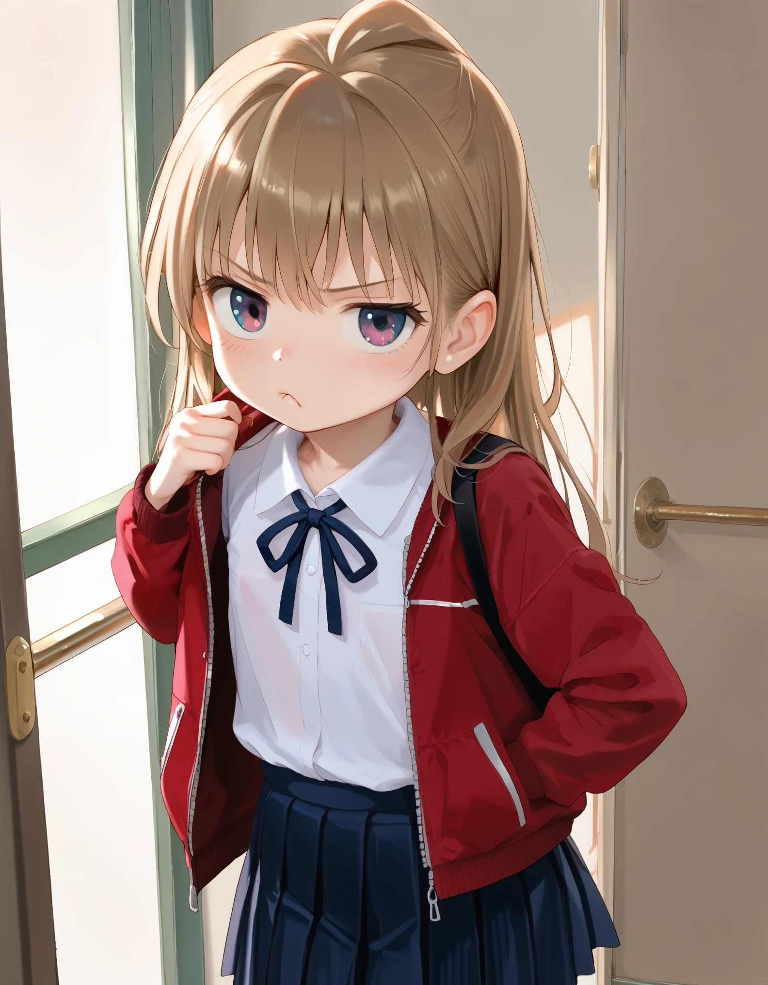 masterpiece, best_quality, 1girl, aisaka_taiga, brown_eyes, brown_hair, long_hair, flat_chest, pleated_skirt, blue_skirt, white_shirt, collared_shirt, black_thighhighs, black_ribbon, neck_ribbon, jacket, red_jacket, pout