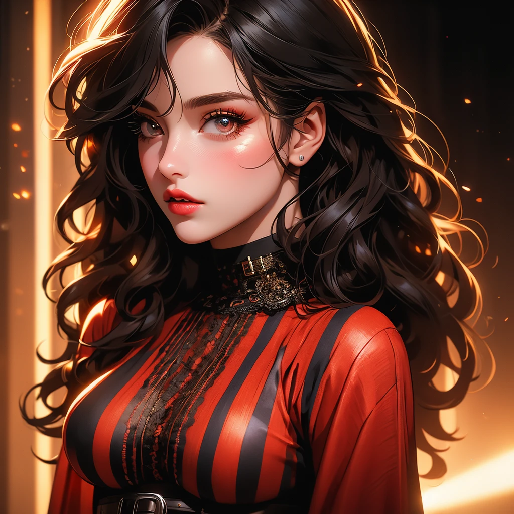 1girl, striped thigh-highs, red and white striped stockings, shorts, black crop top tucked into shorts, belt, long curly hair, beautiful detailed eyes, beautiful detailed lips, extremely detailed face, longeyelashes, medium bust, nipples covered, studio lighting, highly detailed, cinematic lighting, photorealistic, realistic skin texture, dynamic pose, intricate details, warm color palette, glowing skin, hyper detailed, vibrant colors, award winning photography, ethereal, elegant, alluring, portrait