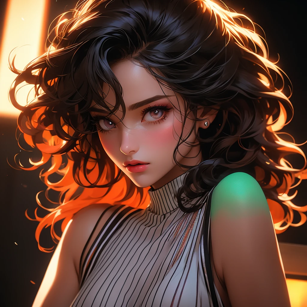 1girl, striped thigh-highs, red and white striped stockings, shorts, black crop top tucked into shorts, belt, long curly hair, beautiful detailed eyes, beautiful detailed lips, extremely detailed face, longeyelashes, medium bust, nipples covered, studio lighting, highly detailed, cinematic lighting, photorealistic, realistic skin texture, dynamic pose, intricate details, warm color palette, glowing skin, hyper detailed, vibrant colors, award winning photography, ethereal, elegant, alluring, portrait