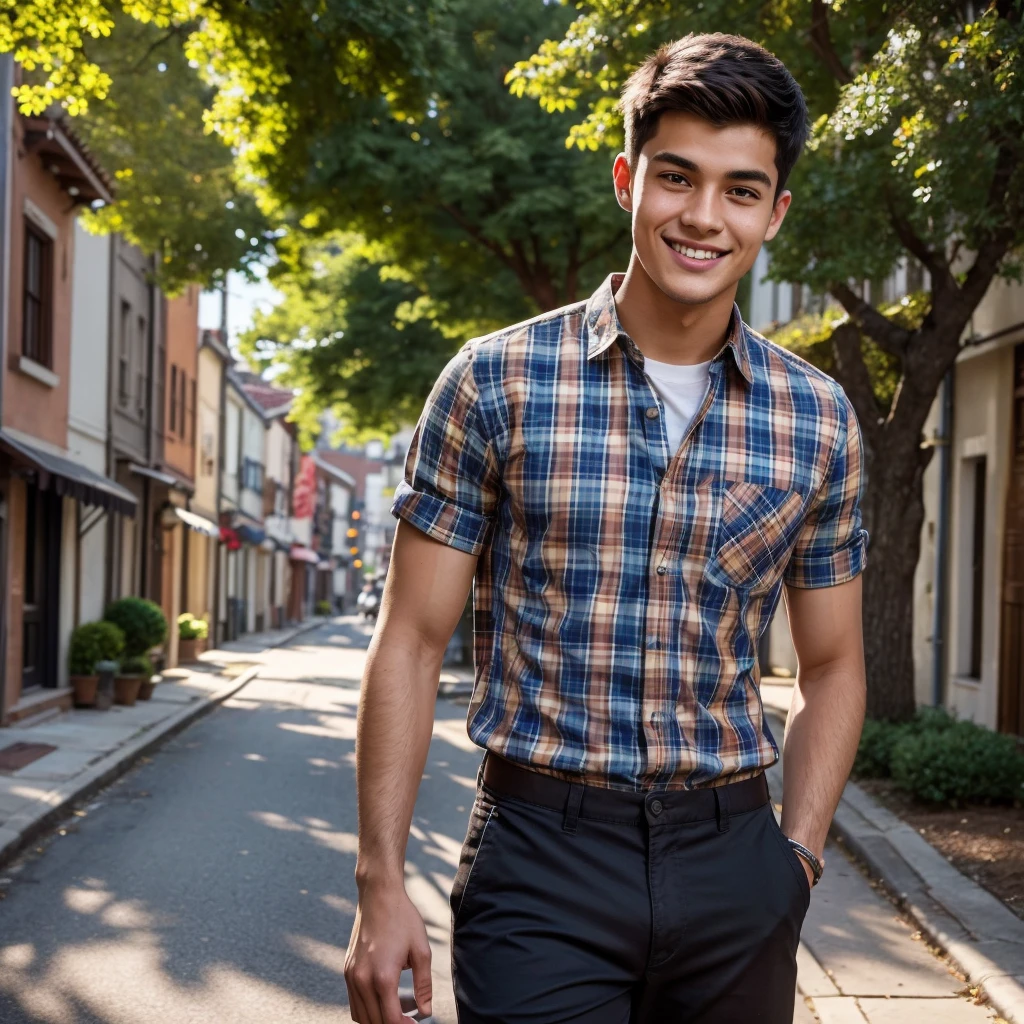 A photorealistic portrait of a 23-year-old American man looks directly at the camera with a bright smile, featuring short black crew cut hair and warm brown eyes, casually dressed in a light plaid shirt and chinos, full body shot, 8k hdr, rich in detail, he should convey an approachable and cheerful vibe, surrounded by the charm of a sunlit neighborhood street.,CNMale