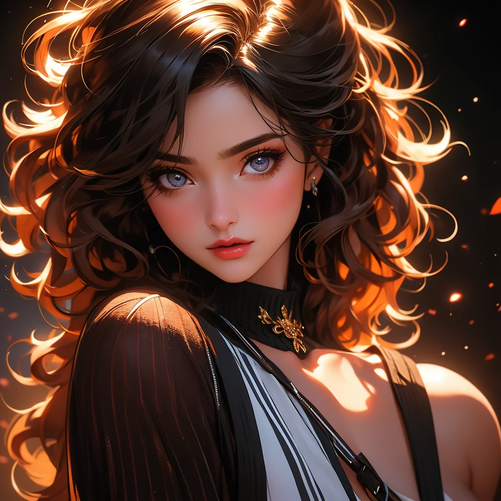 1girl, striped thigh-highs, red and white striped stockings, shorts, black crop top tucked into shorts, belt, long curly hair, beautiful detailed eyes, beautiful detailed lips, extremely detailed face, longeyelashes, medium bust, nipples covered, studio lighting, highly detailed, cinematic lighting, photorealistic, realistic skin texture, dynamic pose, intricate details, warm color palette, glowing skin, hyper detailed, vibrant colors, award winning photography, ethereal, elegant, alluring, portrait